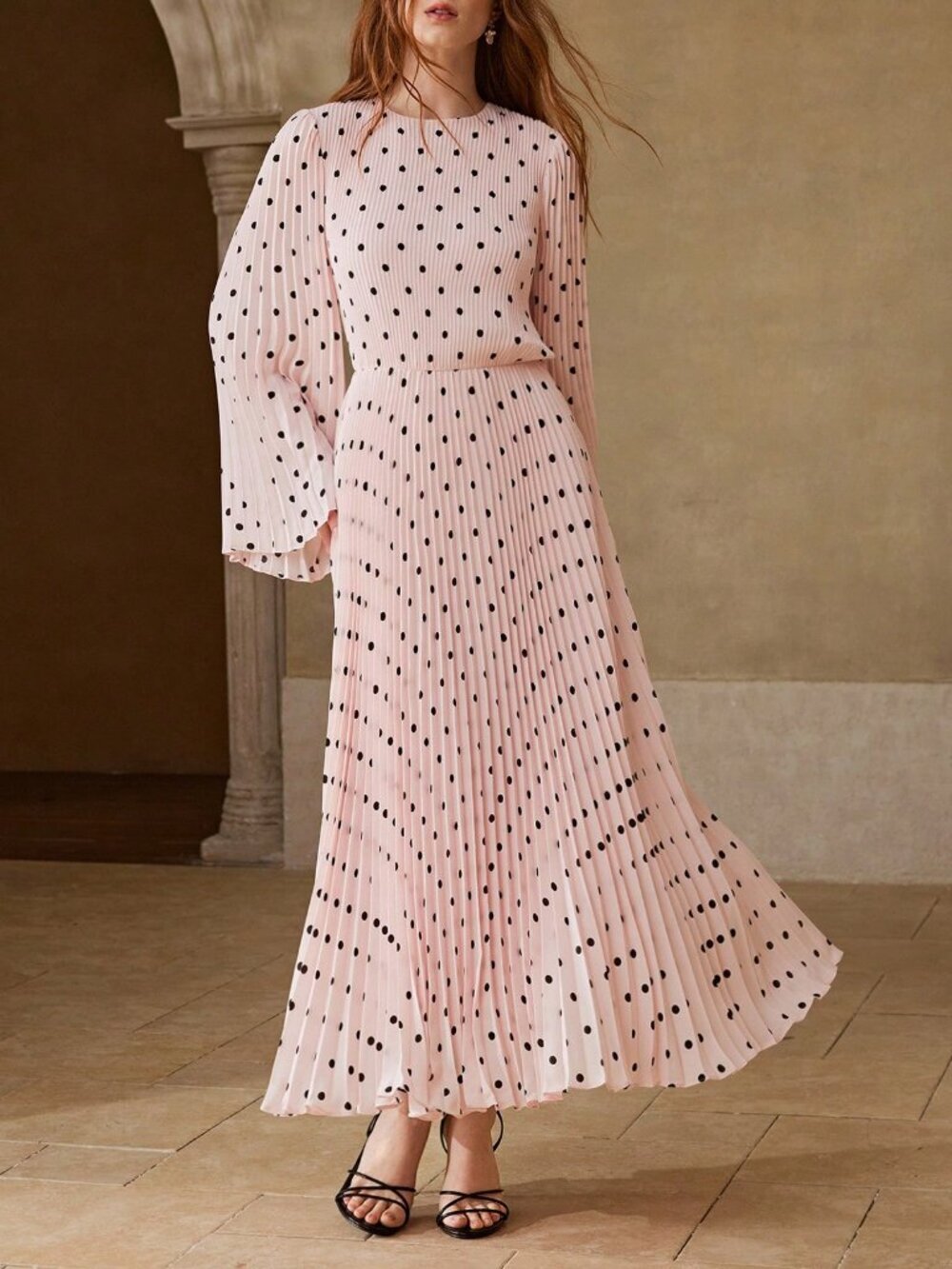 Pink Elegant Women's Premium Polka Dot Print Pleated Long Sleeve Dress - Picture 4 of 7